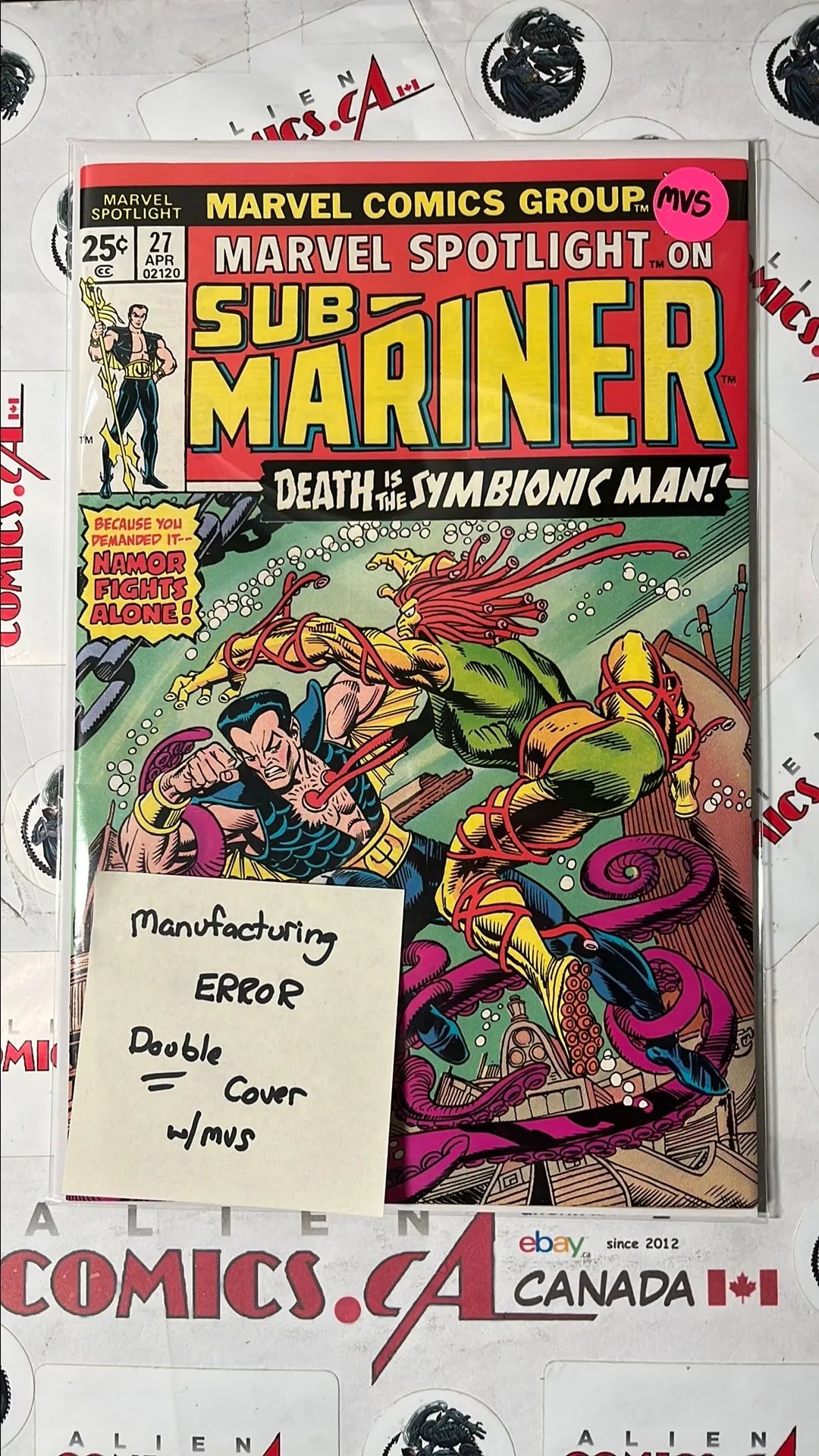 Marvel Spotlight (#27 Featuring Sub-Mariner 25¢ Cover w/ MVS B69 Captain America Manufacturing ERROR Double Cover VF)