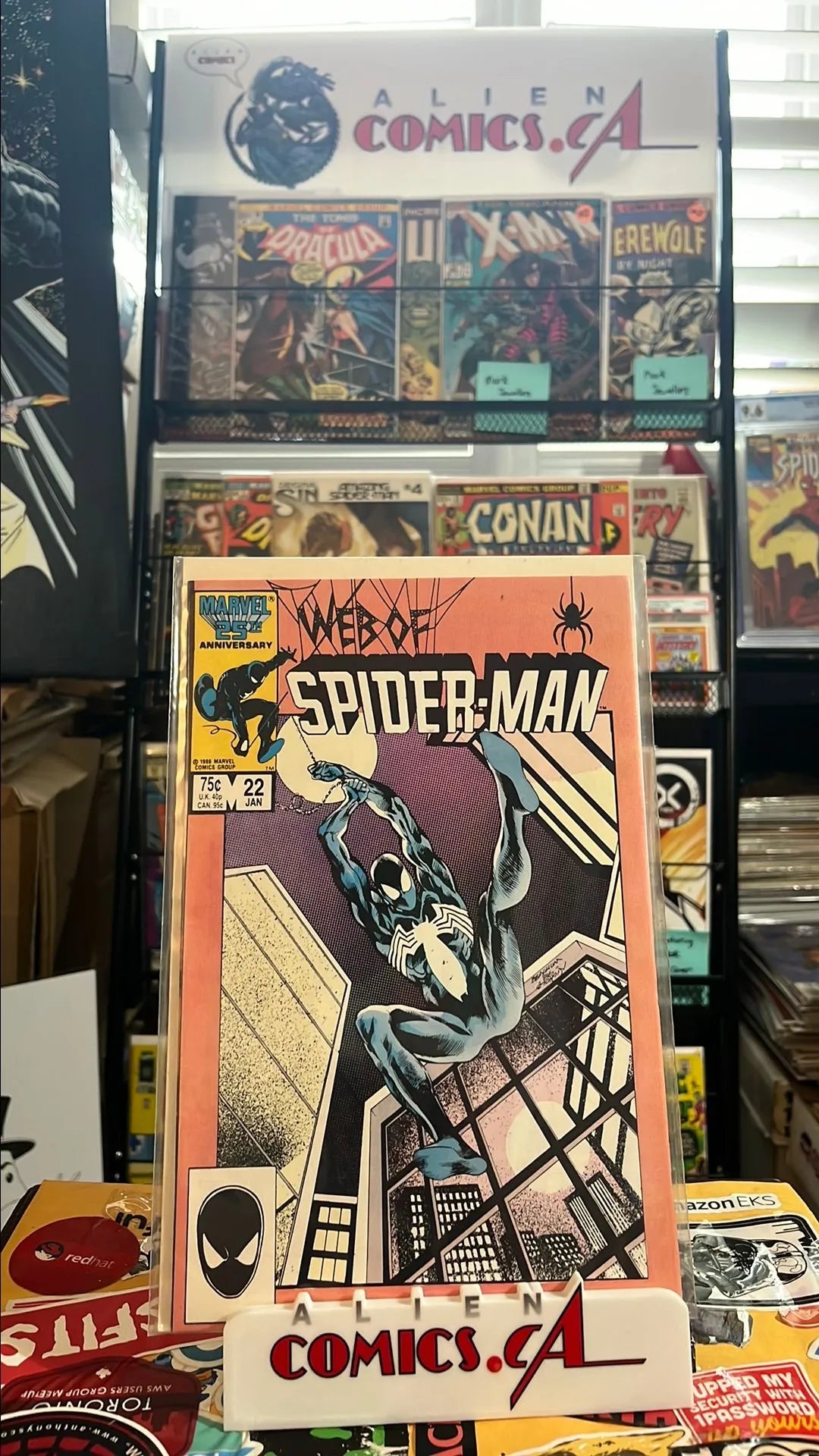 Web of Spider-man (#22 Direct Edition Peach/Pink Border Black Suit Spidey Swinging FN/VF)