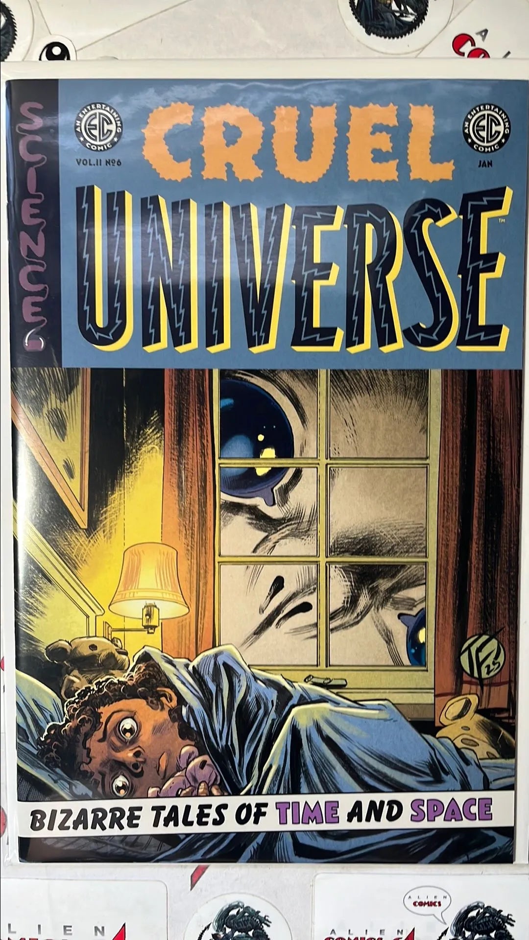 Cruel Universe (#6B EC/Oni Press 2026 Tom Fowler Variant Giant Alien looking in window sleeping girl NM)