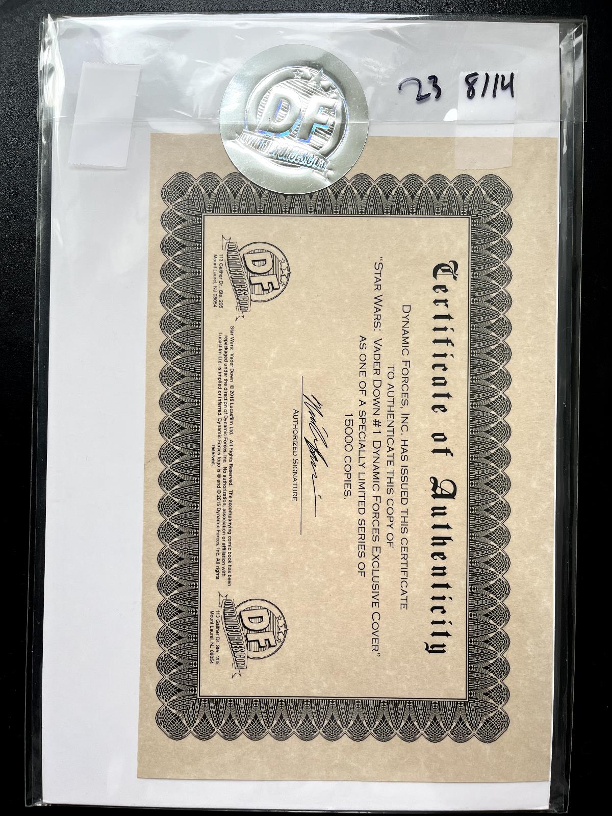 STAR WARS: Vader Down 1 Marvel 2015 Dynamic Forces Variant & COA Rare HIGH GRADE