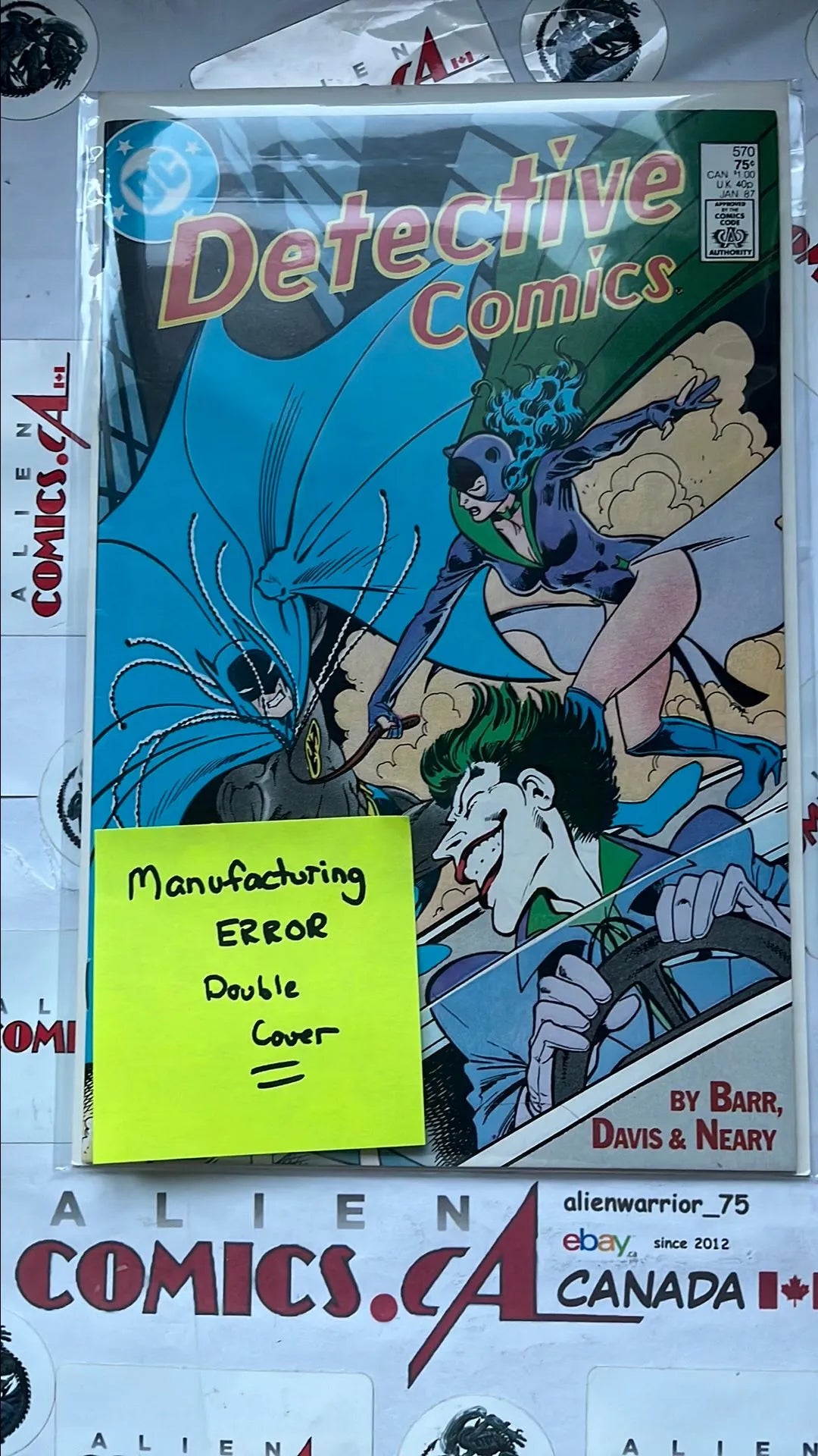 Detective Comics (#570 DC Comics 1986 Alan Davis Cover Art featuring the Joker and Catwoman Manufacturing ERROR Double Cover VF+)