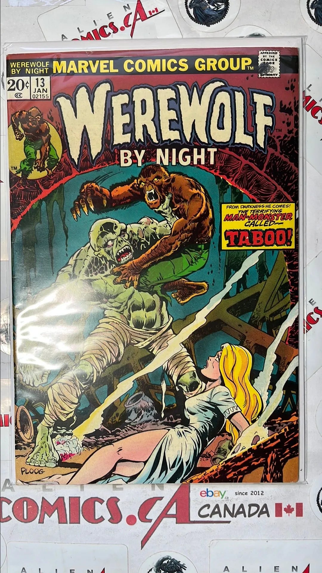 Werewolf by Night (#13 20¢ Cover The Man-Monster Called Taboo! Star-Stamped Mark Jewelers Insert HTF FN)