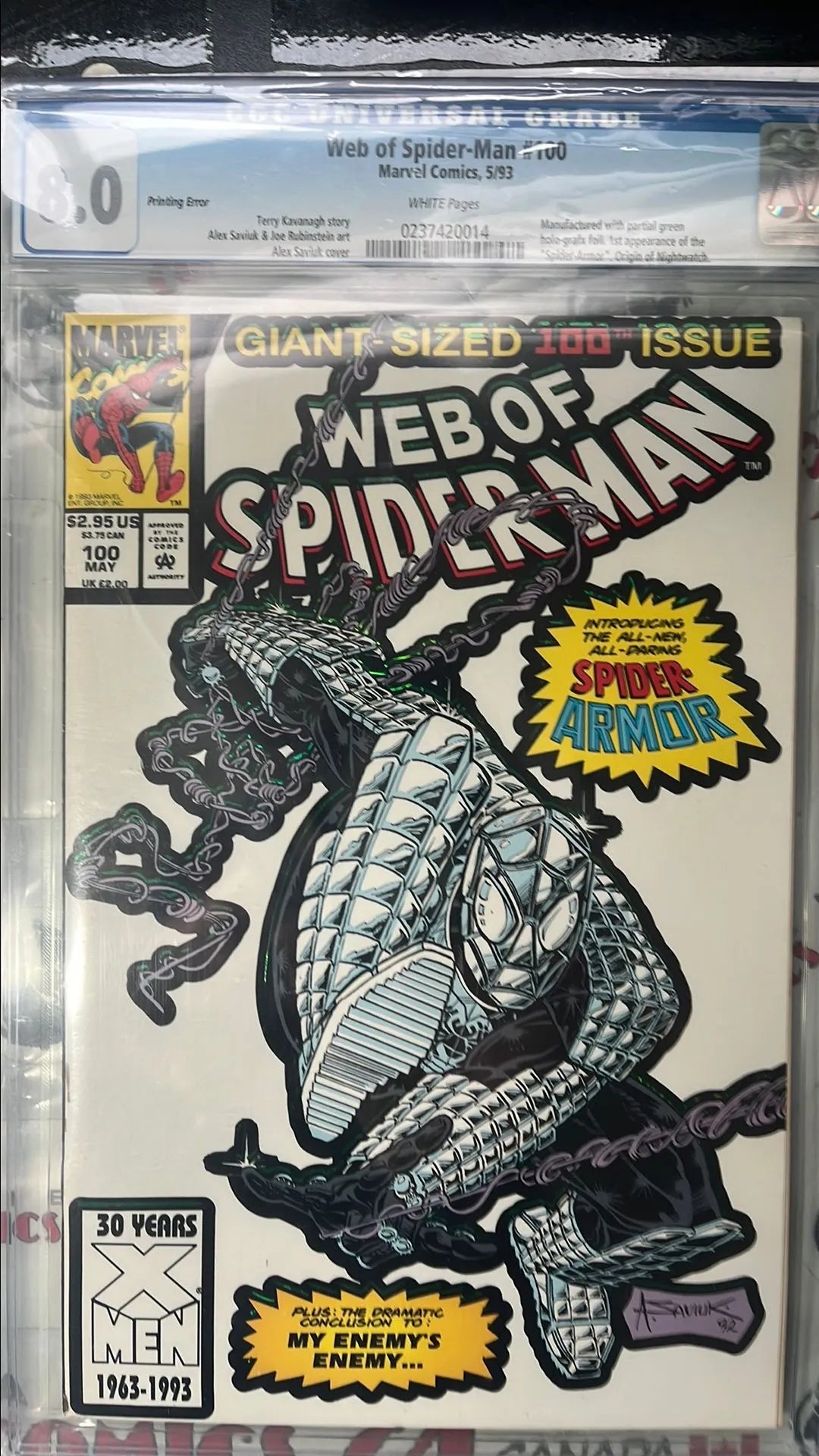 Web of Spider-man (#100 Manufacturing ERROR No Green Holo-Grafx Foil CGC 8.0 VF Only 25 on census, 4 at this grade and 18 graded higher)