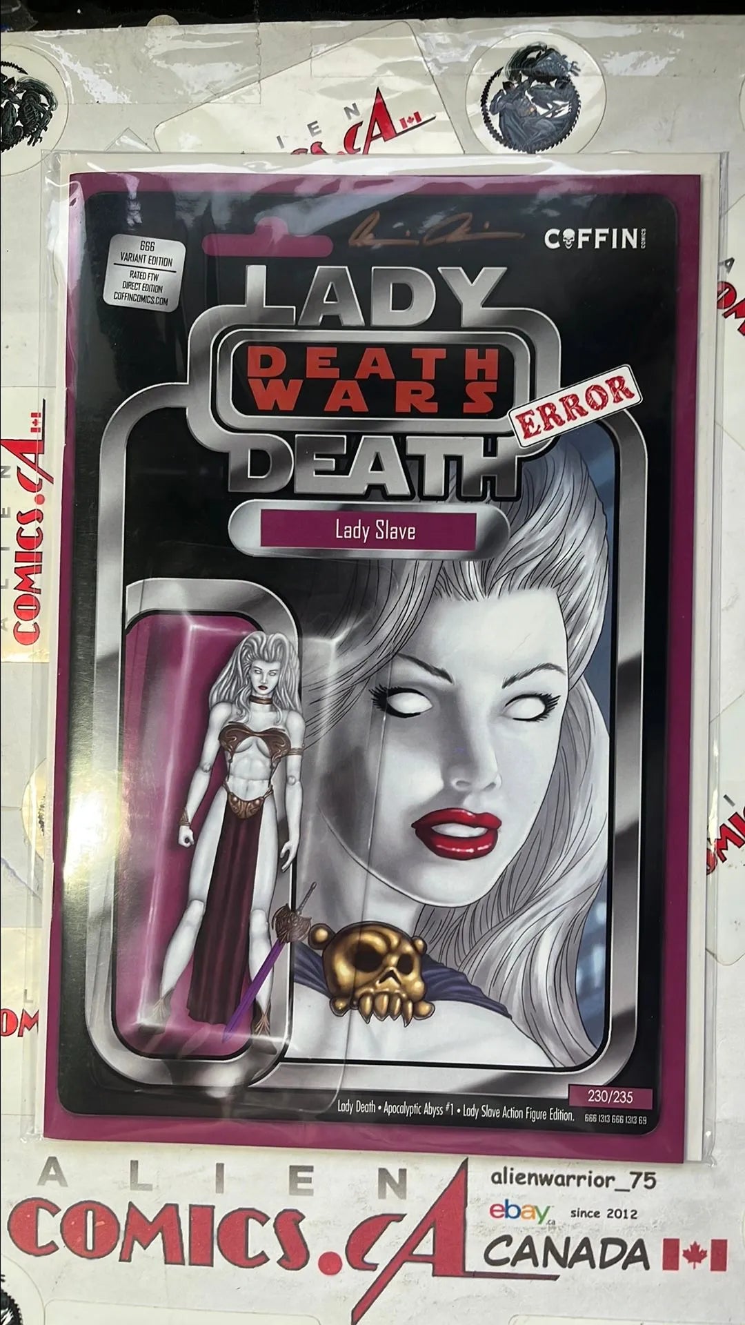 Lady Death: Death Wars (#666 Lady Death Apocalypse Abyss Slave Purple Offset ERROR Action Figure Variant Signed w/COA HTF NM)