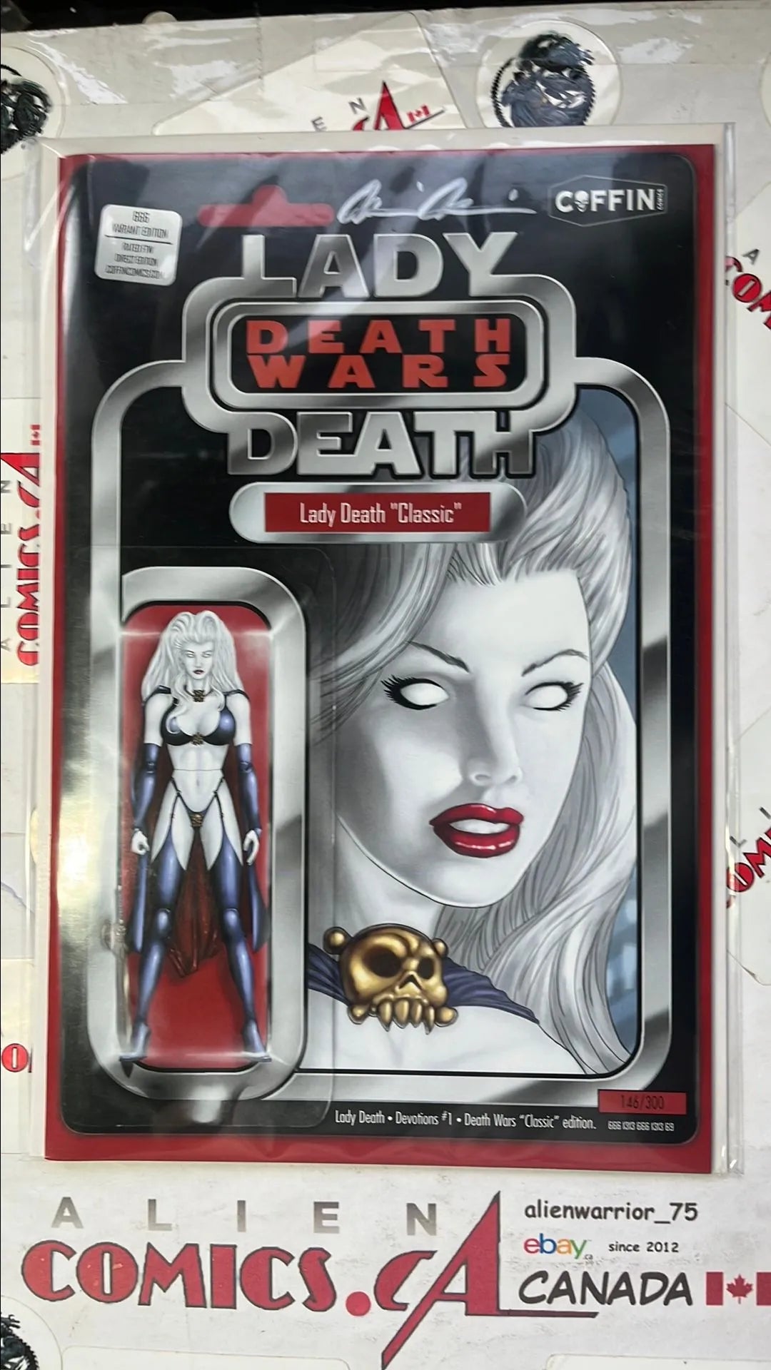 Lady Death: Death Wars (#666 Lady Death Devotions Classic Red Action Figure Variant Signed w/COA HTF NM)