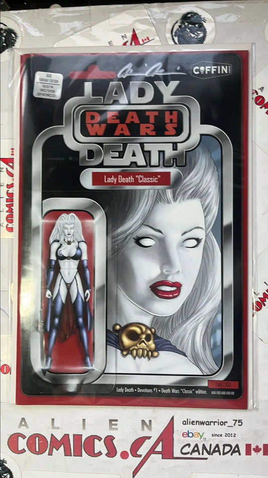 Lady Death: Death Wars (#666 Lady Death Devotions Classic Red Action Figure Variant Signed w/COA HTF NM)