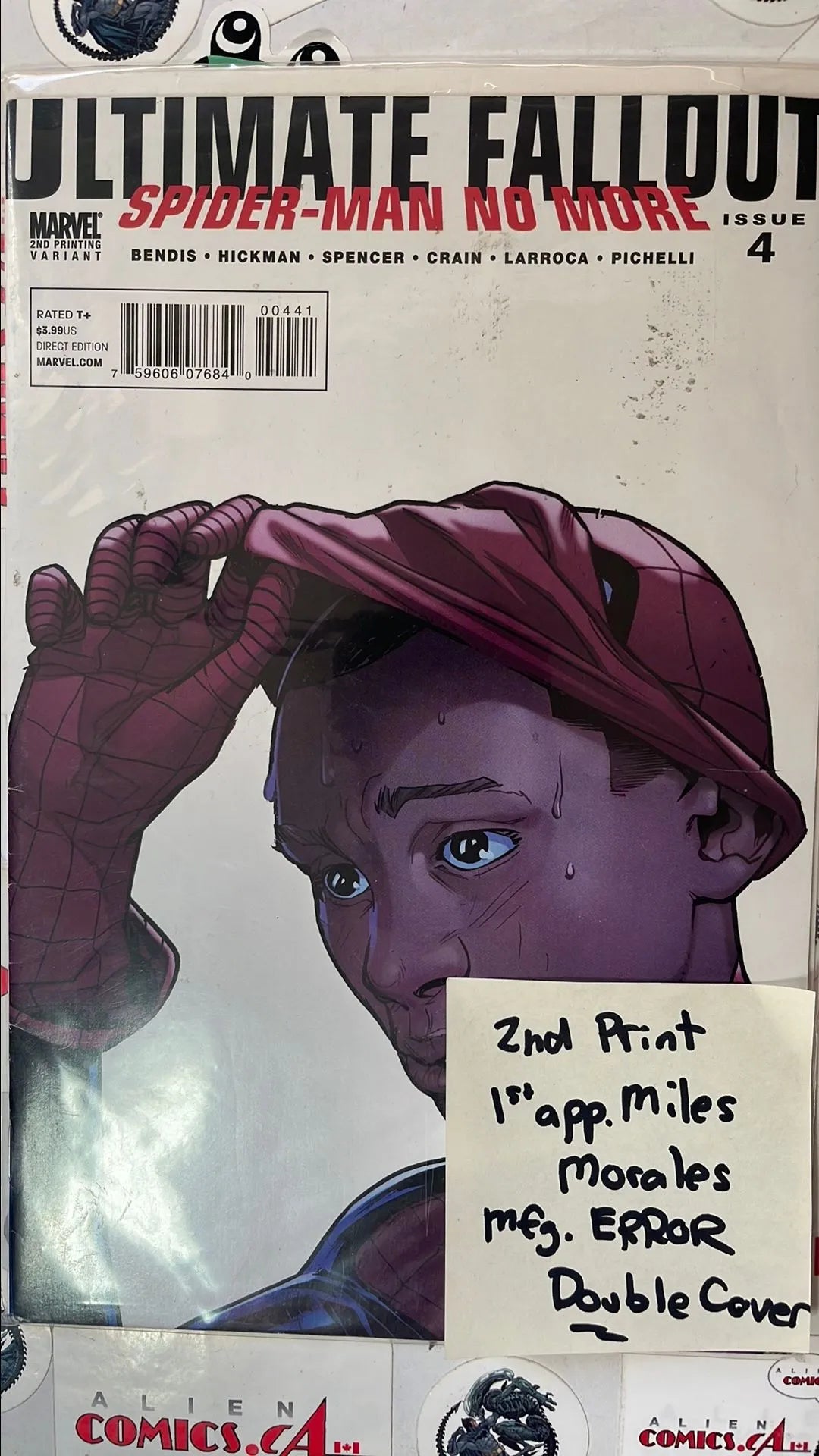 Ultimate Fallout (#4 2nd Printing White Cover Face Reveal 1st app. Miles Morales Spider-man Manufacturing ERROR Double Cover VG/FN)