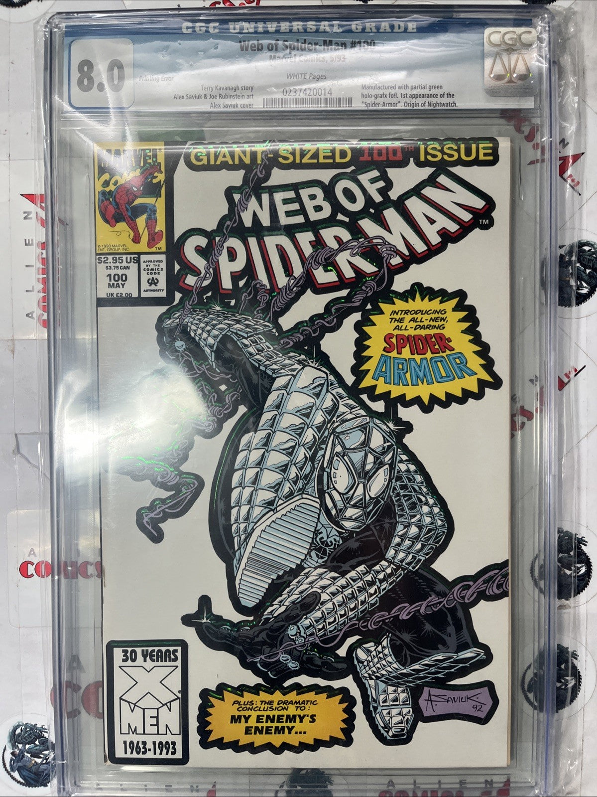 WEB OF SPIDER-MAN 100 Manufacturing ERROR HoloGrafx Alex Saviuk Cover CGC 8.0 VF