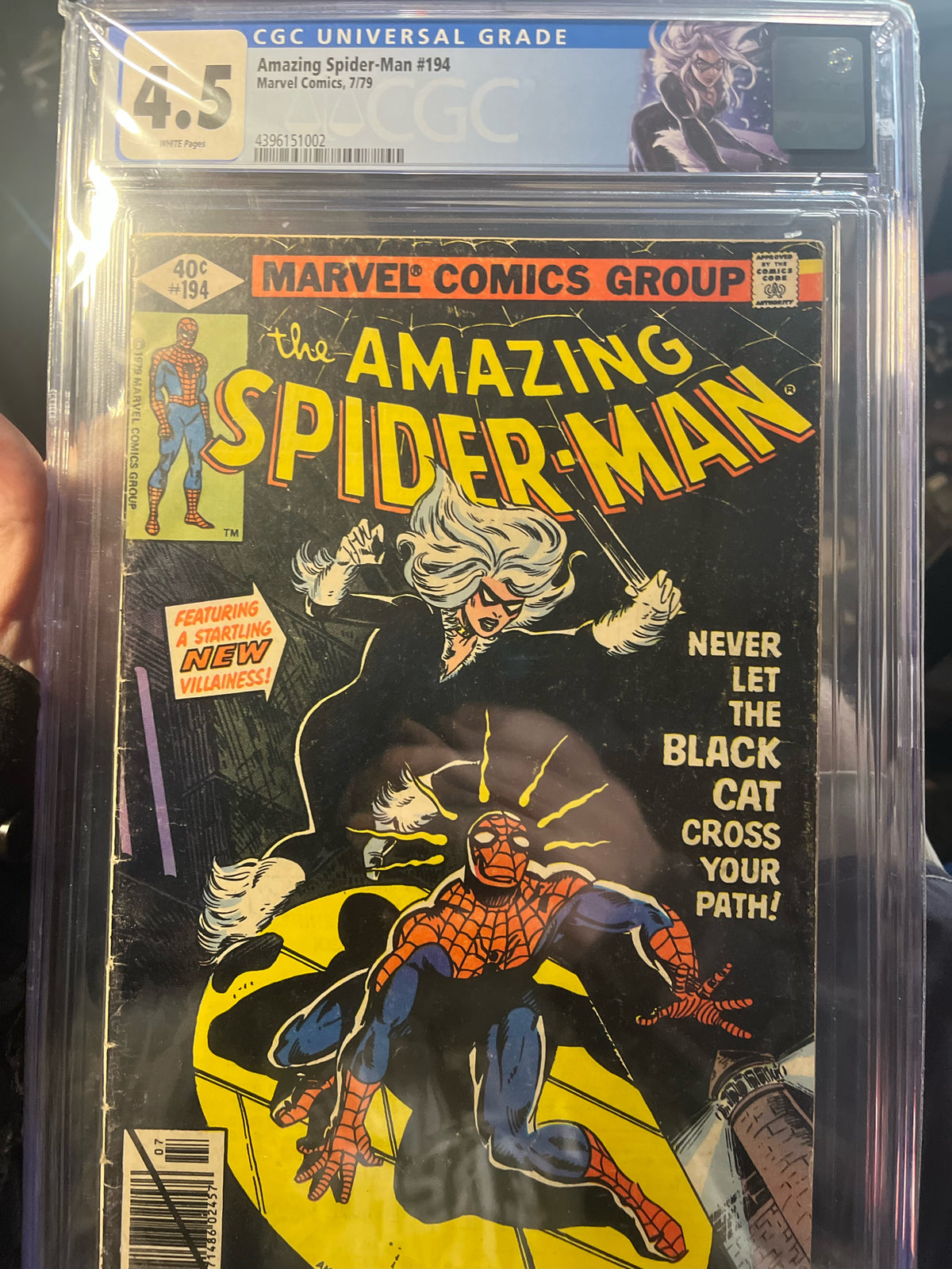 Amazing Spider-man (#194 Direct Edition 1st app. Black Cat/Felicia Hardy Manufacturing ERROR Yellow Bar HTF CGC 4.5 VG+ Black Cat Custom Label)