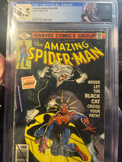 Amazing Spider-man (#194 Direct Edition 1st app. Black Cat/Felicia Hardy Manufacturing ERROR Yellow Bar HTF CGC 4.5 VG+ Black Cat Custom Label)