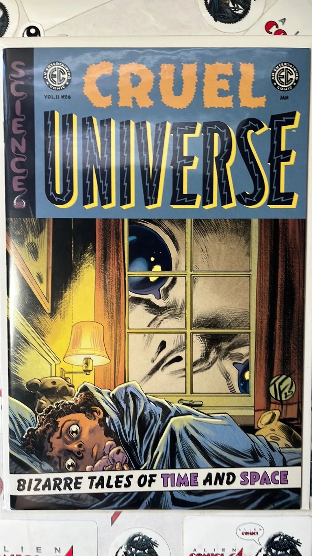 Cruel Universe (#6B EC/Oni Press 2026 Tom Fowler Variant Giant Alien looking in window sleeping girl NM)