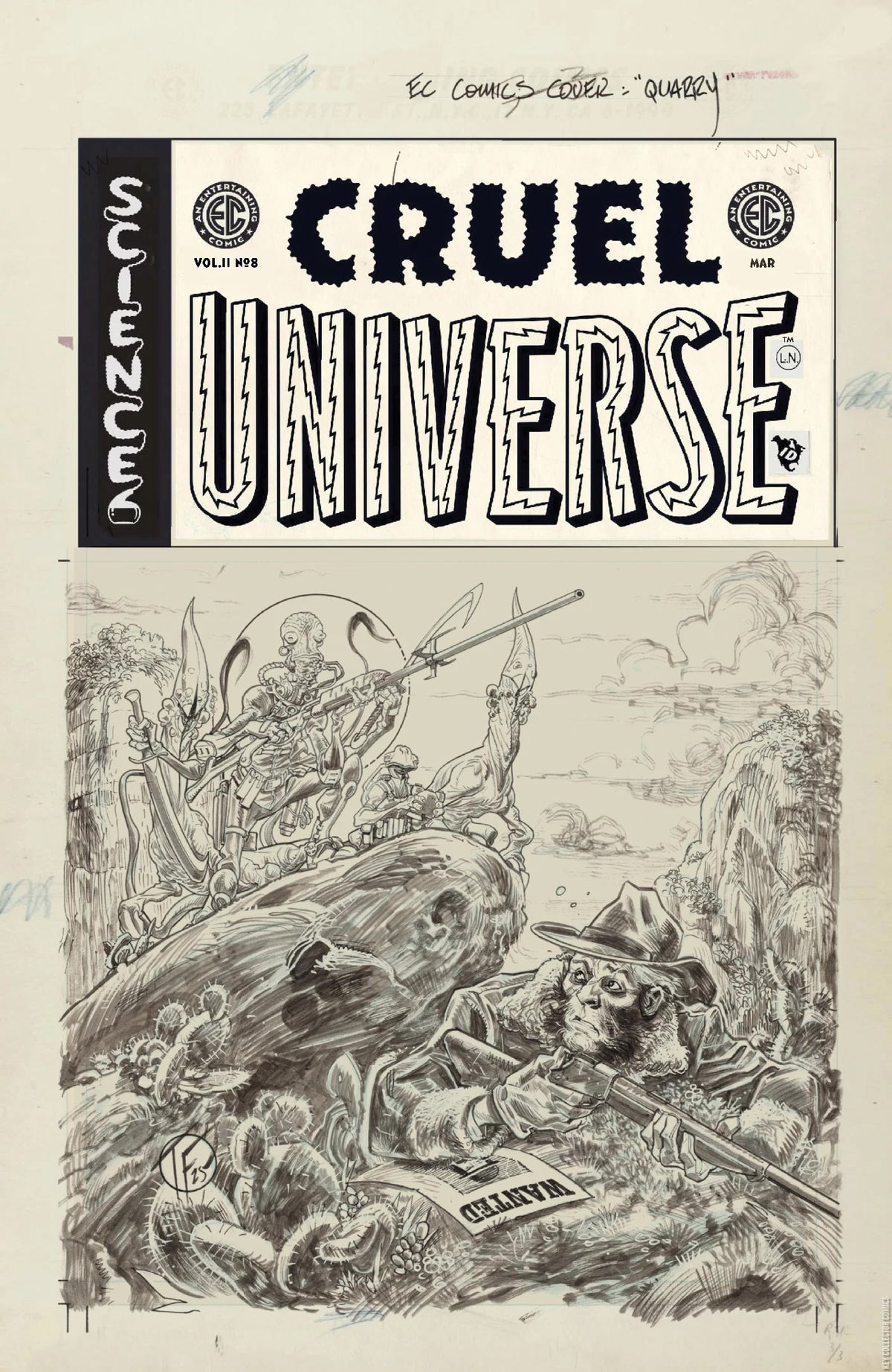 Cruel Universe (#8D EC/Oni Press 2026 Tom Fowler 1:20 Black & White Sketch Variant Alien Hunter with Rifle NM)